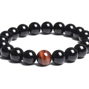 Black Beaded Bracelet with Brown Accent